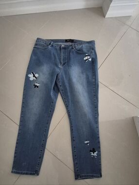 Joseph Ribkoff Blue Straight-Leg Jeans with Floral Accent Size 18
